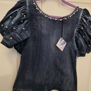 Denim Puff Sleeve Top with Pearl Accents
